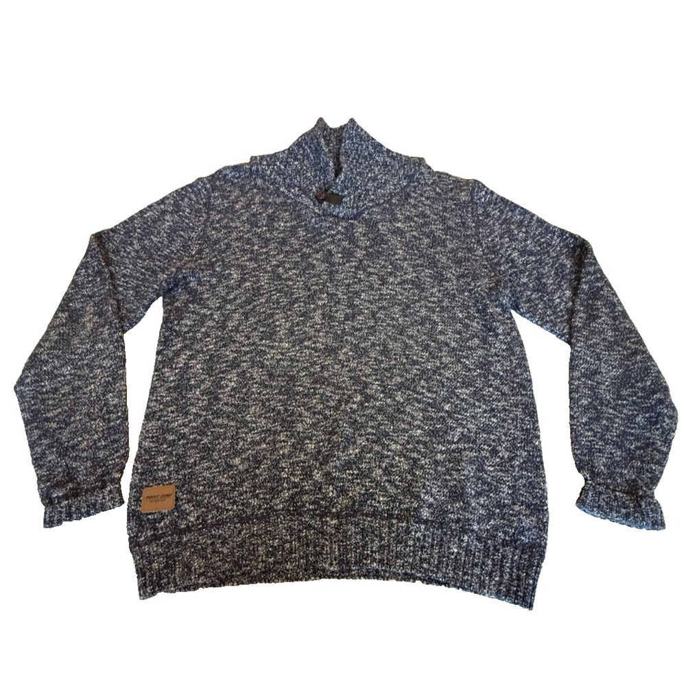 Point Zero Mens Blue Marled Knit Sweater Shawl Collar Button Pullover Casual